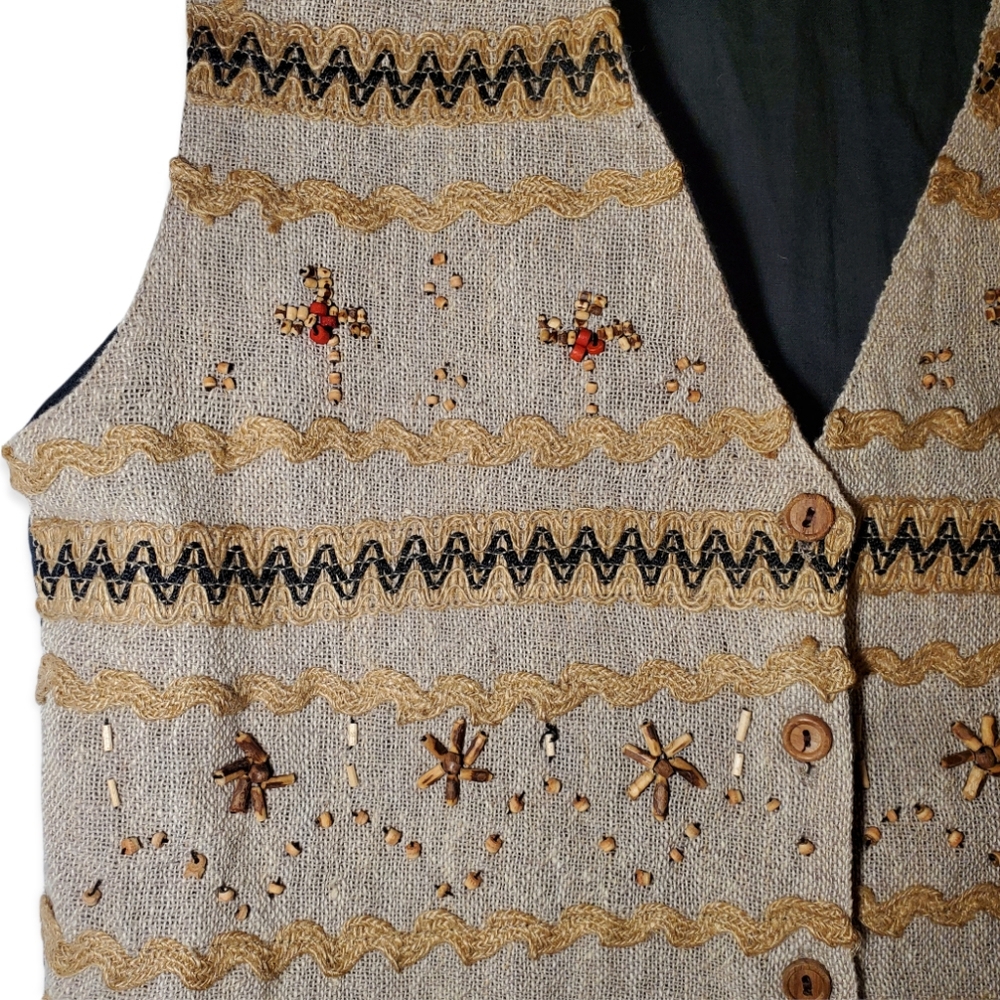 NWT Vintage Deadstock Cotton Natural Embroidered Beaded Embellished Vest - Picture 3 of 8